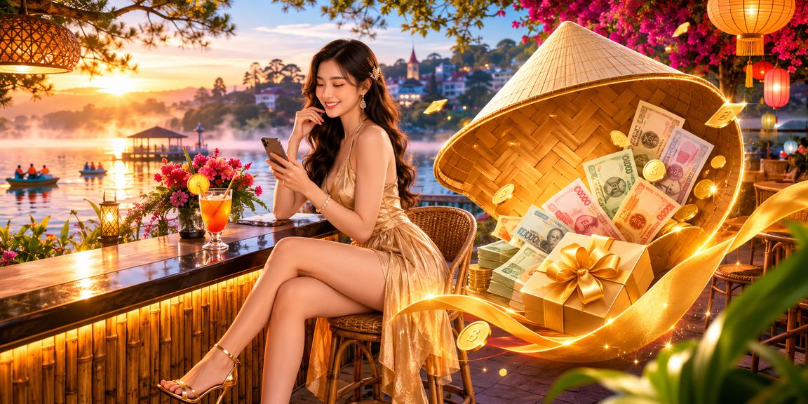 Người phụ nữ đội nón lá tại Đà Lạt nhận thưởng cashback khi chơi trên ứng dụng