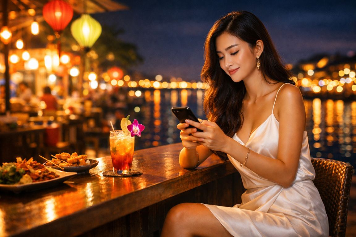 Người chơi casino trực tuyến trên điện thoại tại chợ đêm Mekong